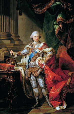 Portret Stanisława Augusta Poniatowskiego w stroju koronacyjnym, obraz Marcello Bacciarellego z 1768 r. (domena publiczna).