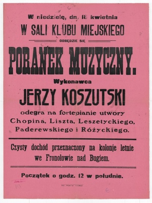 Afisz zapraszający na koncert Jerzego Koszutskiego. Prawdopodobnie lata 20. XX wieku (Biblioteka Narodowa)