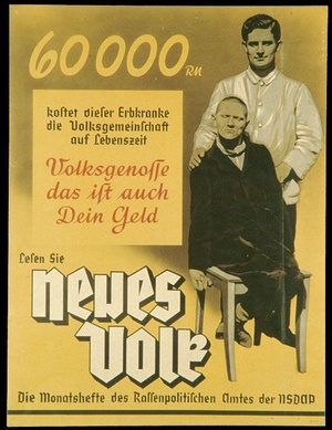 Niemiecki plakat propagandowy, ok. 1938 r., „Ta osoba cierpiąca na choroby genetyczne kosztuje społeczeństwo 60000 reichsmark w trakcie swojego życia. Współobywatelu, to też twoje pieniądze!”, domena publiczna