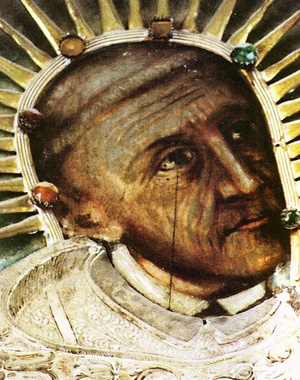 Błogosławiony Wincenty Kadłubek. Fragment obrazu olejnego anonimowego artysty, wiszącego nad relikwiarzem w kościele klasztornym w Jędrzejowie, domena publiczna