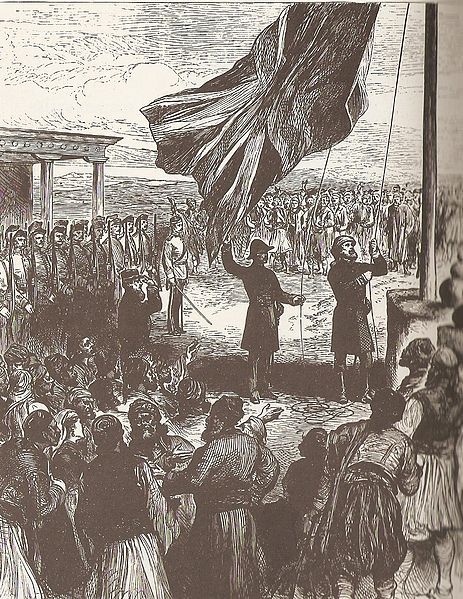 Zawieszenie brytyjskiej flagi w Nikozji, 1878 rok, źródło: Illustrated London News, domena publiczna