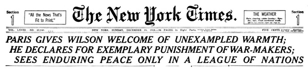 Fragment czasopisma „New York Times”, opisujący jak duże nadzieje w Lidze Narodów pokładał prezydent T.W. Wilson (domena publiczna)