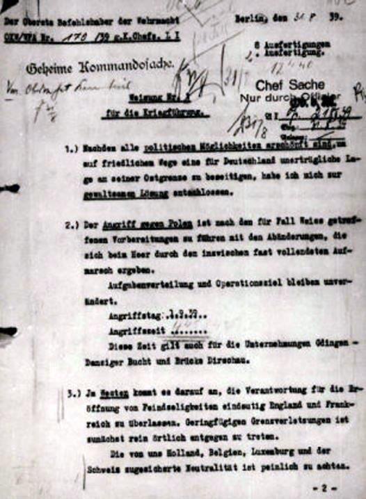Pierwsza strona rozkazu Adolfa Hitlera z 31 sierpnia 1939 roku o terminie rozpoczęcia niemieckiej agresji na Polskę