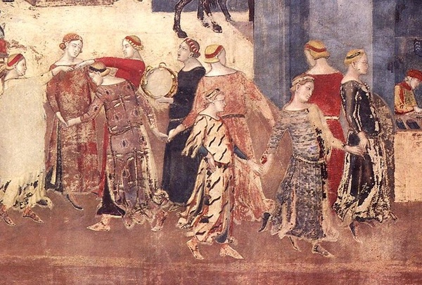 Tańczący ludzie, detal jednej z prac Ambrogio Lorenzettiego, Palazzo Pubblico, Siena, ok. 1338-1340 r.<br>