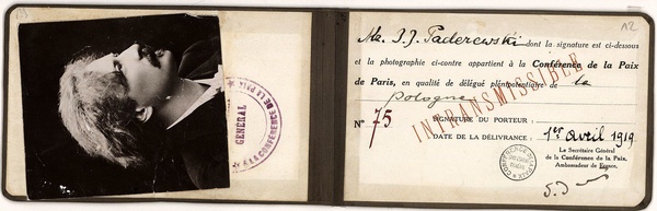 Przepustka Ignacego Paderewskiego jako delegata Polski na paryską konferencję pokojową 1919 (domena publiczna)