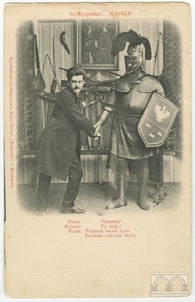 Pocztówka z prapremiery wykonane w Atelier „Zofia”, 1901, Poeta (Jan Pawłowski), Rycerz (Marian Jednowski)